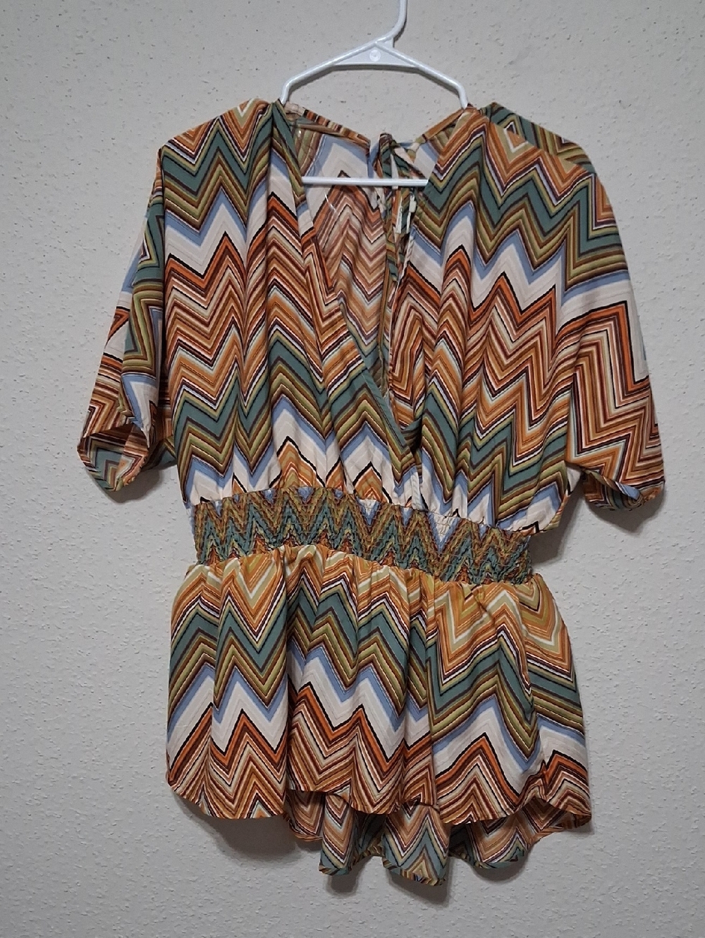 Blush Chevron Smocked Waist Tunic Romper - Green, Brown, Tan, Cream, Blue